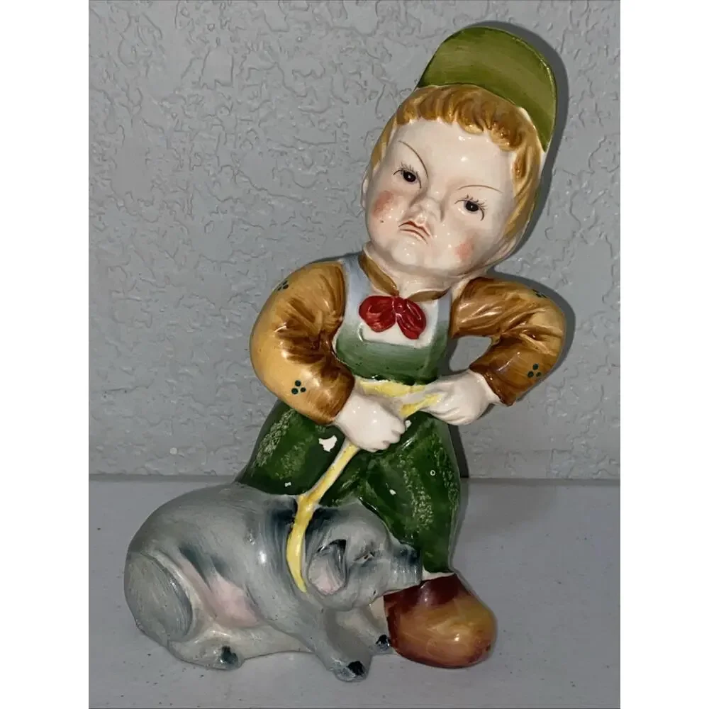 VTG Made In Occupied Japan Porcelain Farmer Boy Pulling Pig Figurine Mid Century
